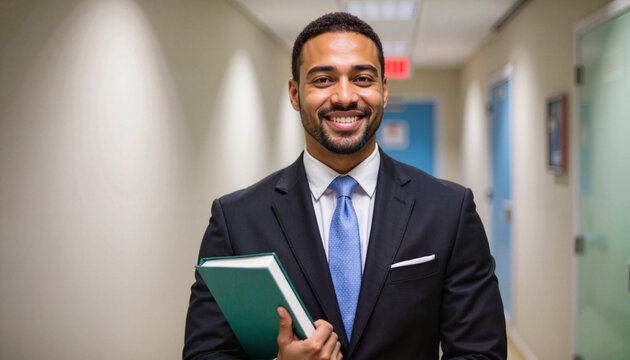 Smiling black man in a suit holding a book in a modern office  