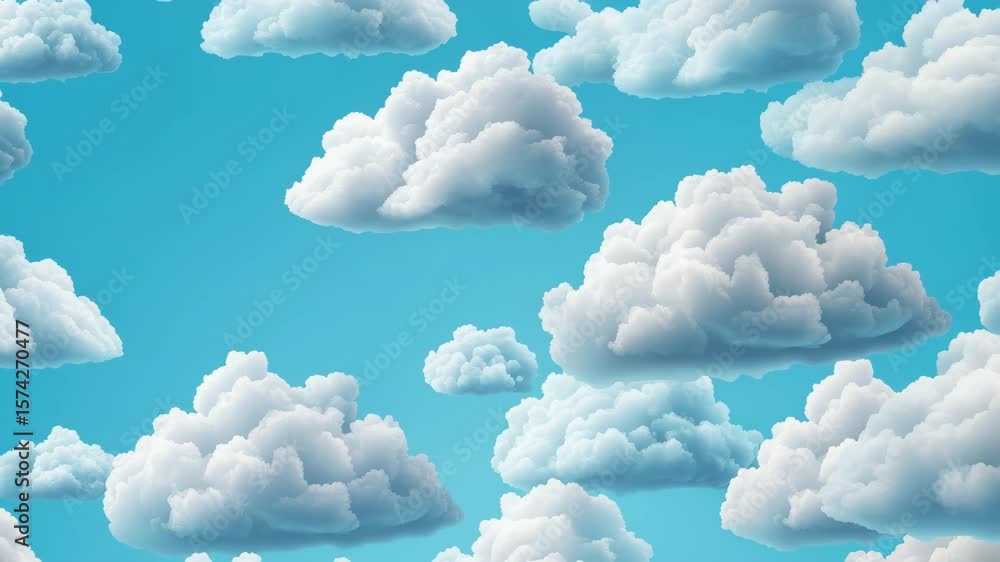 Poster a whimsical array of plump, stylized clouds floats in a cheerful blue sky, evoking a sense of calm a