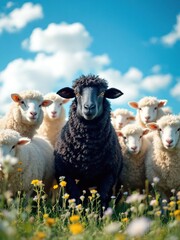 A black sheep stands out among white sheep in a field under a blue sky with fluffy white clouds