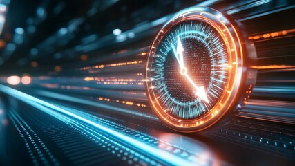 A stylized, glowing clock face races through a fast-paced digital tunnel, symbolizing efficiency and rapid technological advancement. - Powered by Adobe