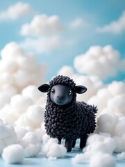 A black sheep standing on a light blue surface surrounded by fluffy white clouds against a blue sky