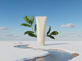 Natural Skincare Product Minimalist Tube Mockup with Greenery