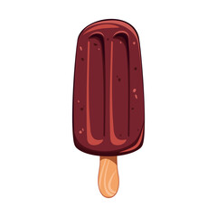 Chocolate popsicle on a wooden stick. Summer cold dessert, ice cream. Vector illustration.
