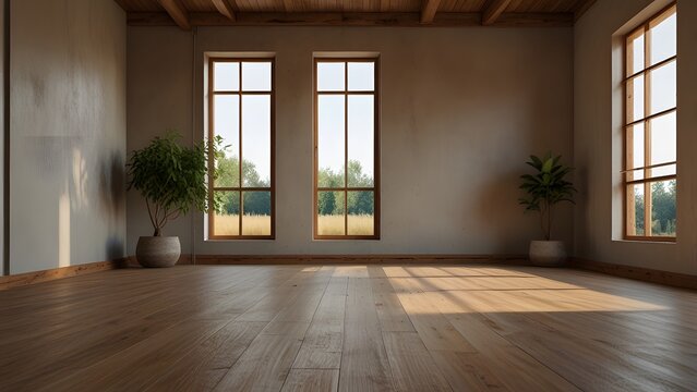 Interior minimalista con suelo de madera y grandes ventanales