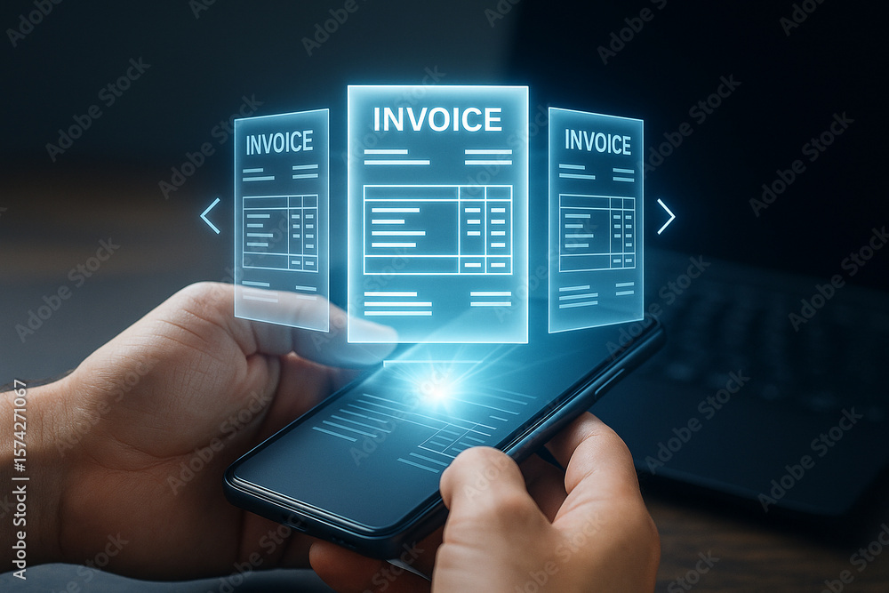 Aufkleber hands holding a smartphone with holographic invoice documents floating above the screen display