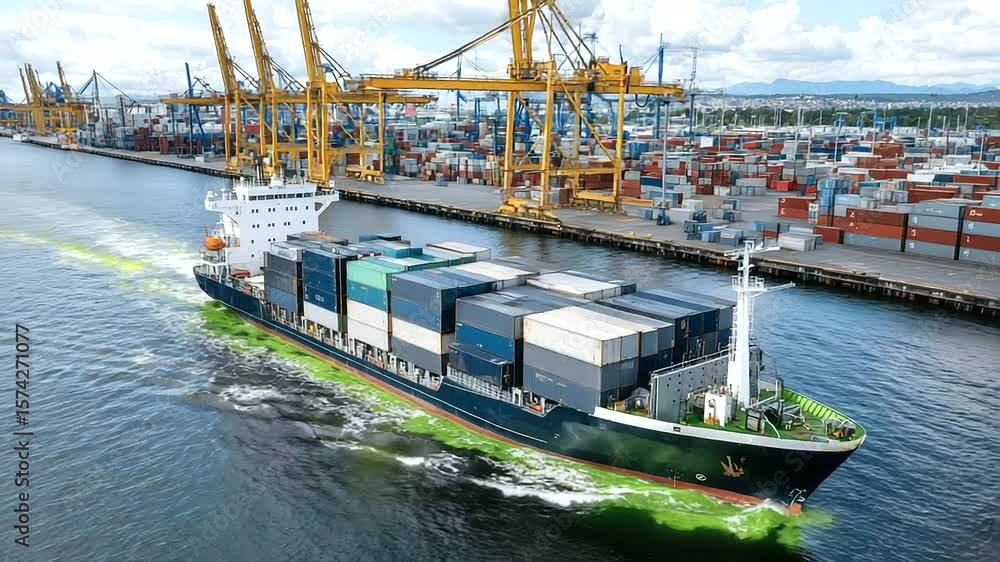 Poster a cargo ship is refueled at port using algae-derived biodiesel, cranes and containers in background