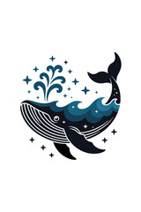Fototapeta premium A majestic whale with water spouting from its blowhole, surrounded by stars, isolated on transparent background