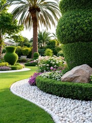 Lush garden with manicured hedges palm trees and white stone borders creating a serene landscape view