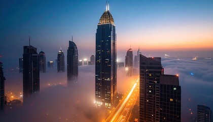 City skyline at sunrise, shrouded in mist