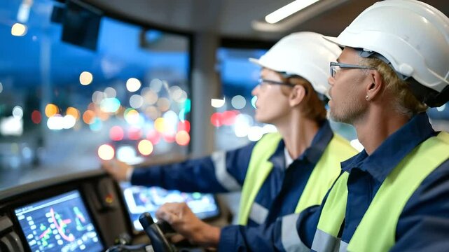 Two engineers examine a digital dashboard monitoring CO₂ savings from a city&rsquo;s biofuel transit fleet