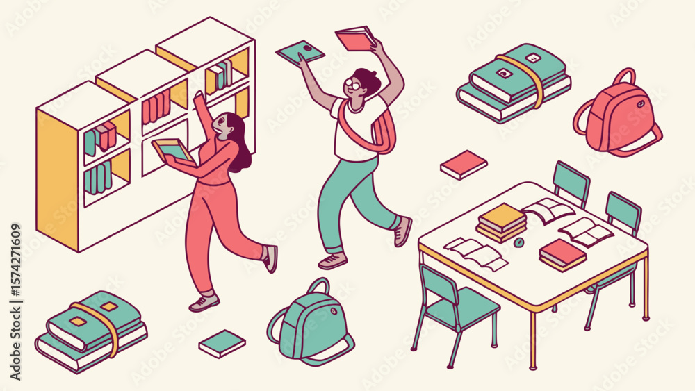 Poster students organizing books in a library with study table and backpacks isolated on white background