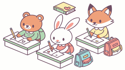 Cute cartoon animals studying at desks with books and backpacks isolated on white background
