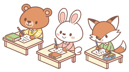Cute cartoon bear rabbit and fox animals studying at desks isolated on white background