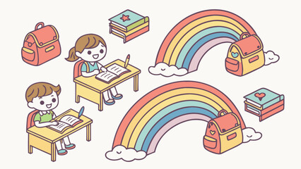 Cute cartoon children studying with rainbows and backpacks isolated on white background