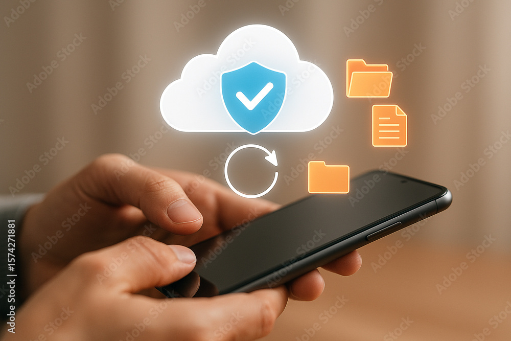 Aufkleber person using smartphone with cloud security and file transfer icons in a modern digital environment