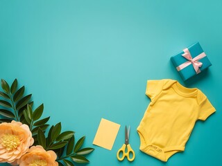 Baby Shower Invitation Yellow Bodysuit Gift Flowers  Scissors on Teal Background