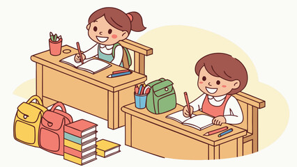 Two happy cartoon children studying at desks with books and backpacks isolated on white background
