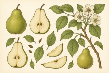 Obraz premium Elegant pear illustration set, featuring whole fruits, cross-sections, blossoms, leaves and seeds.