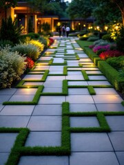 Illuminated pathway with geometric grass design in a landscaped garden at dusk or early evening