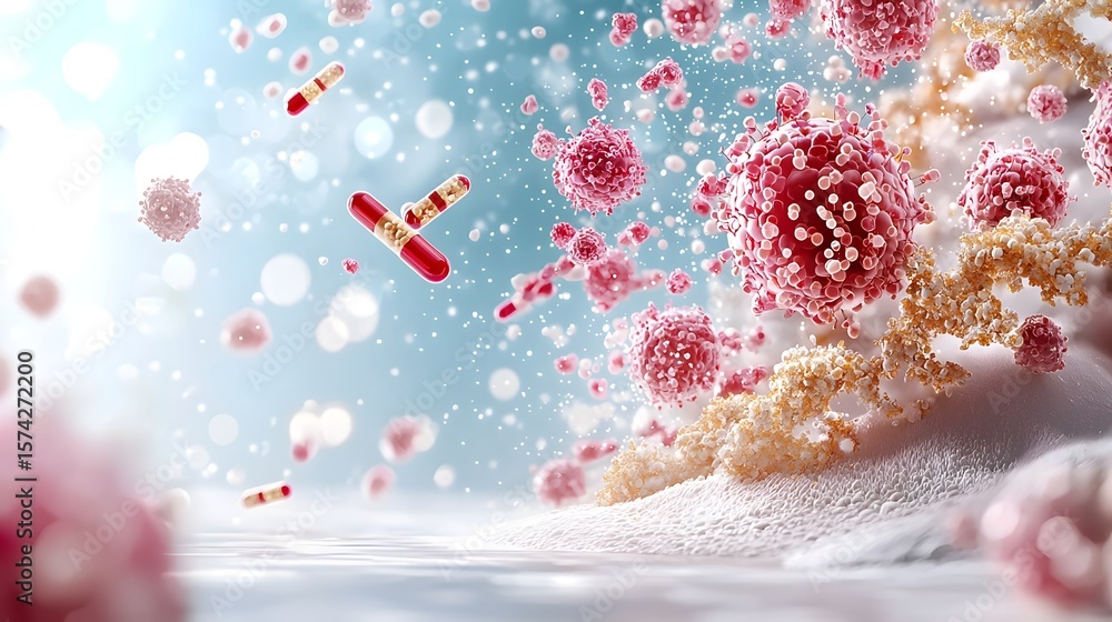Poster a 3d digital animation depicting a cancer drug molecule precisely binding to and targeting mutated c