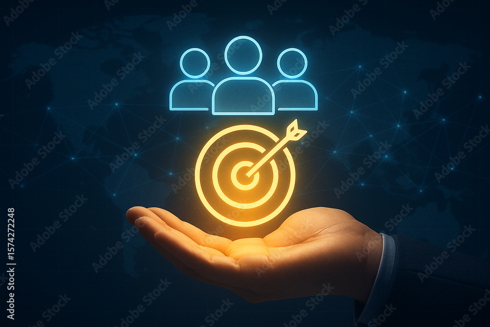 Poster hand holding glowing target with arrow and group icon on a dark blue starry background design concep