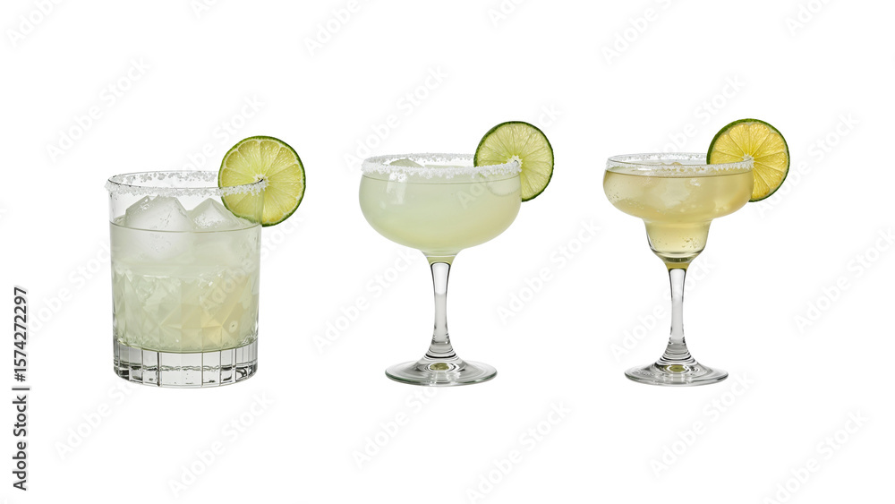 Poster refreshing margarita cocktails selection with lime slices on an isolated transparent background