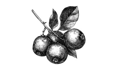 Vintage tropical sketch of imbu fruit, hand-drawn black ink illustration, antique engraving style, retro kitchen decor, trendy fruit artwork, classic botanical print, tropical food art
