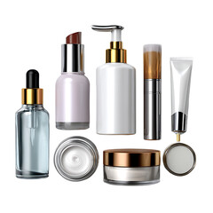 Stylish Collection of Beauty Products on White Background with Skin Care and Makeup Items