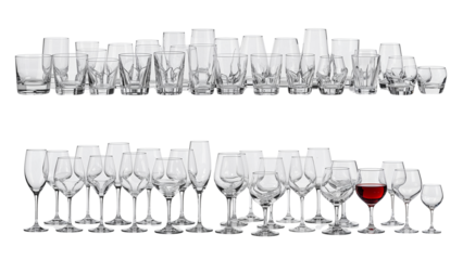 Elegant assortment of crystal stemware and glassware on an isolated transparent surface,