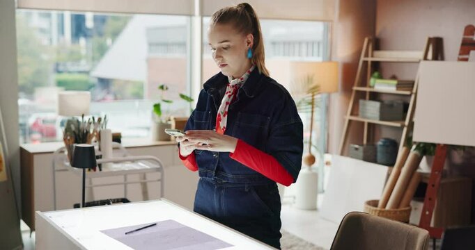 Woman, artist and sketching with phone in workshop for gallery, publicity or showcase in home. Female person, designer or drawing with mobile smartphone for online post or social media in art studio