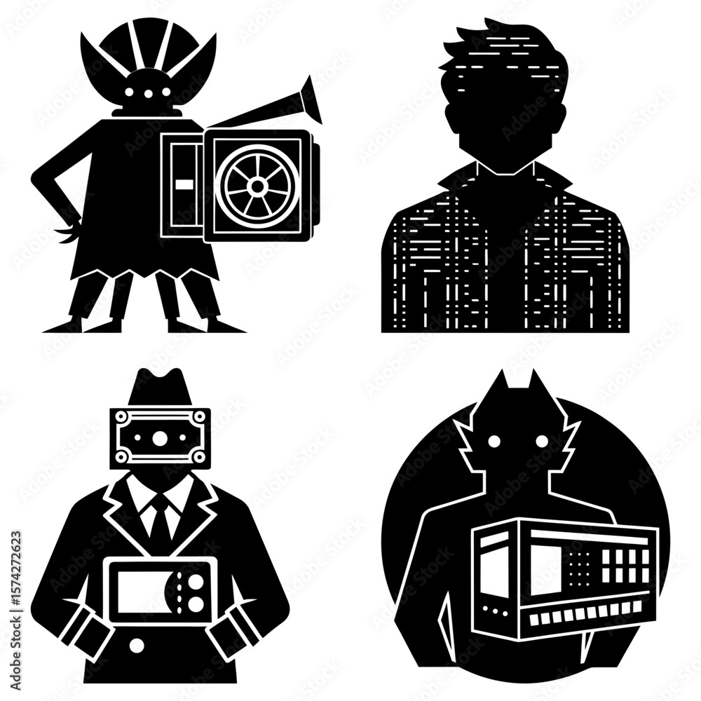 Poster four stylized figures with various objects replacing parts of their bodies in black and white style