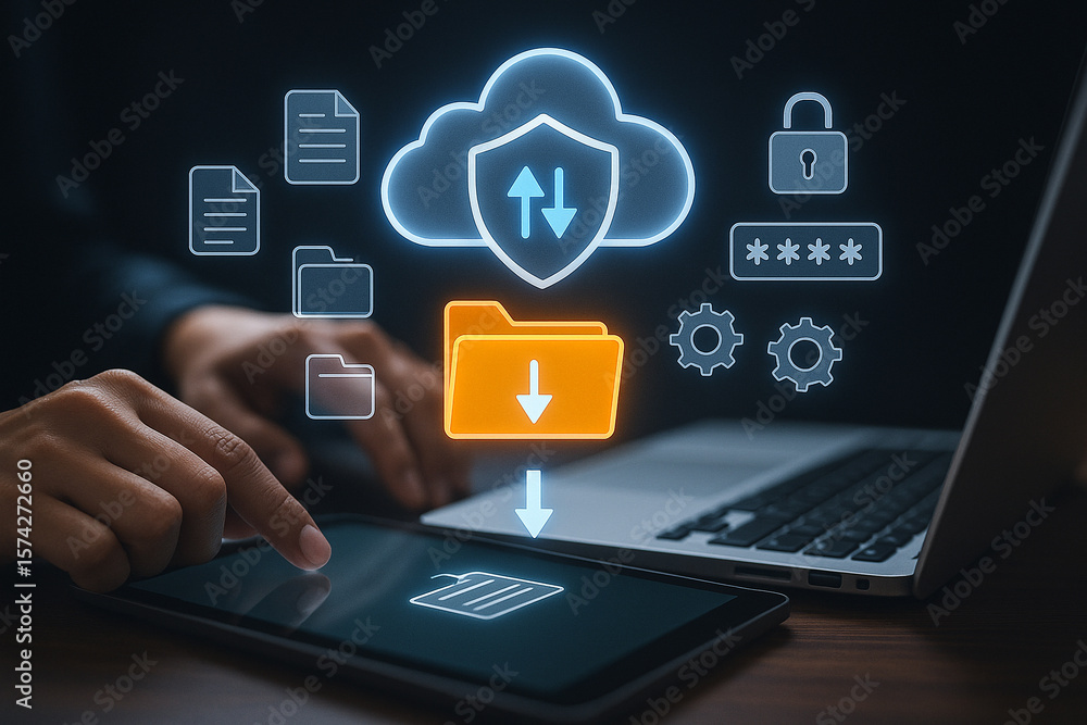 Poster person using cloud storage on tablet with laptop and security icons in the background view