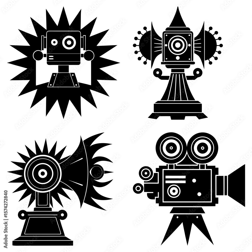 Poster Illustration showing four different retro style objects including a robot and camera devices design