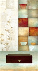 Vertical abstract art with light beige,  muted terracotta, and aqua.  Floral motif and bowls.  Dark brown box