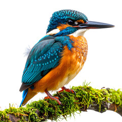 Fototapeta premium Juvenile Kingfisher on Mossy Branch with Soft Down Feathers, Transparent Background