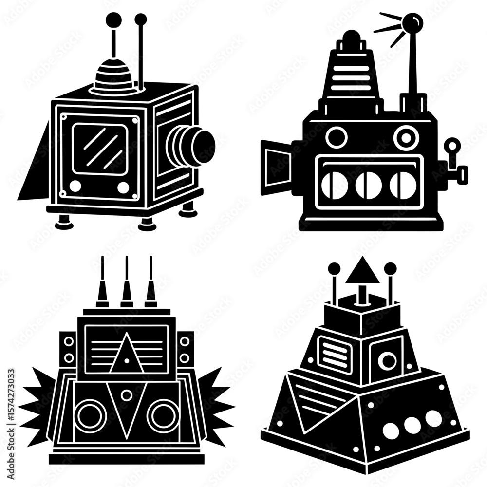 Poster illustration showing four different retro style robots with antennas and geometric shapes in black a