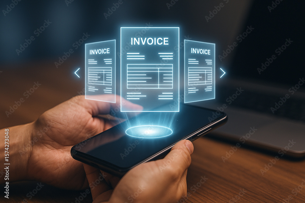 Poster person holding phone with invoice hologram display showing financial document management system view