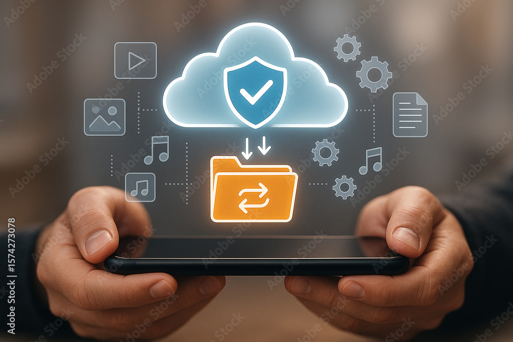 Poster person holding smartphone displaying cloud storage and data transfer with various media icons around