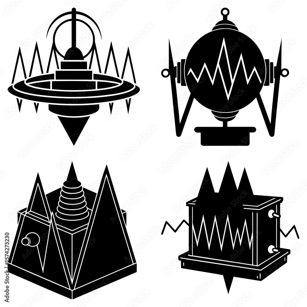 Poster four abstract black and white geometric structures with varying shapes and intricate design elements
