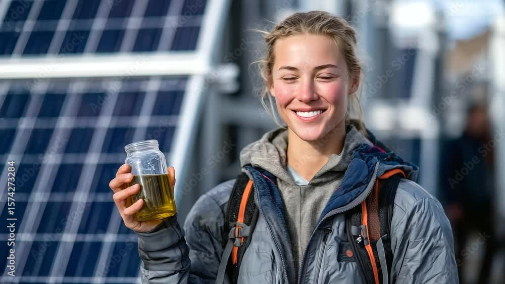 Poster a smiling environmentalist holds up a flask of golden biodiesel in front of a solar-paneled lab