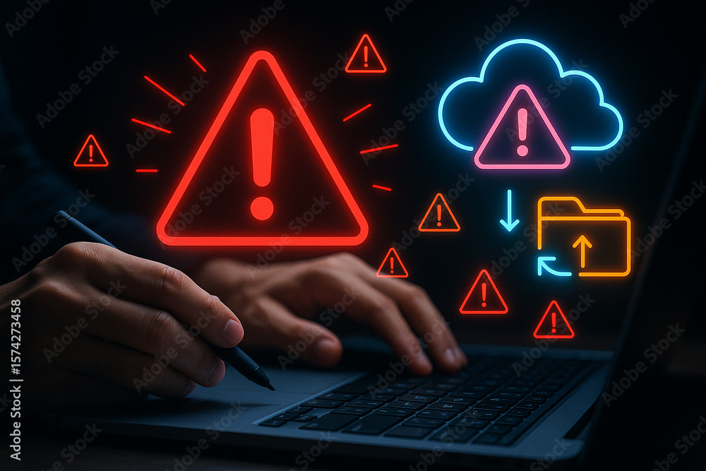 Poster person using a laptop with warning signs and cloud data upload icons indicating security threats