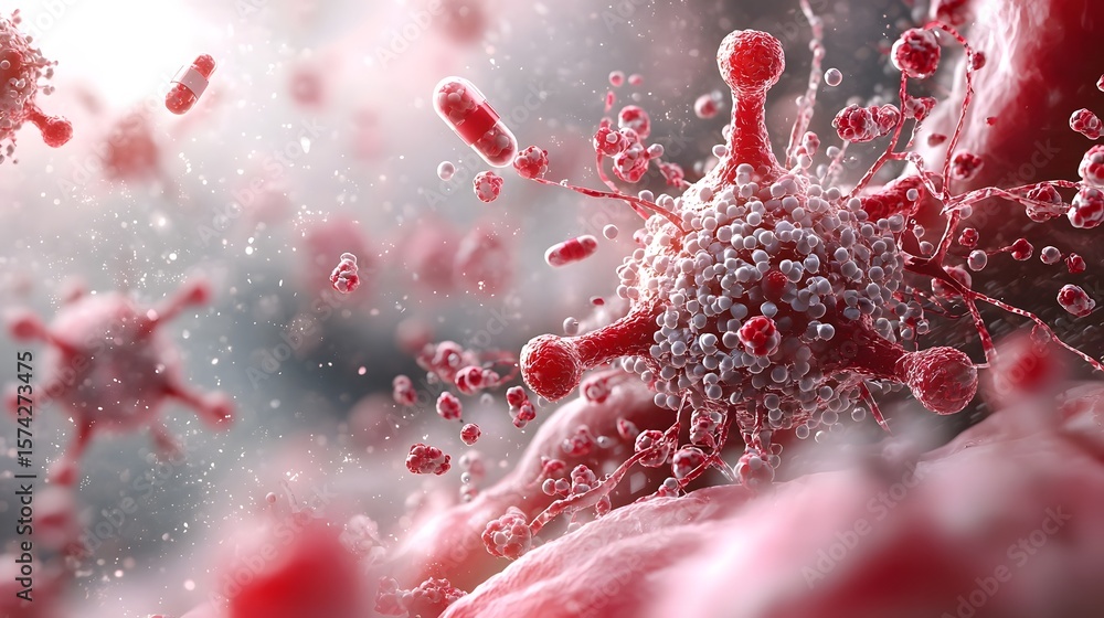 Poster a highly magnified and abstract view of a viral structure highlighting the complex biological and ce