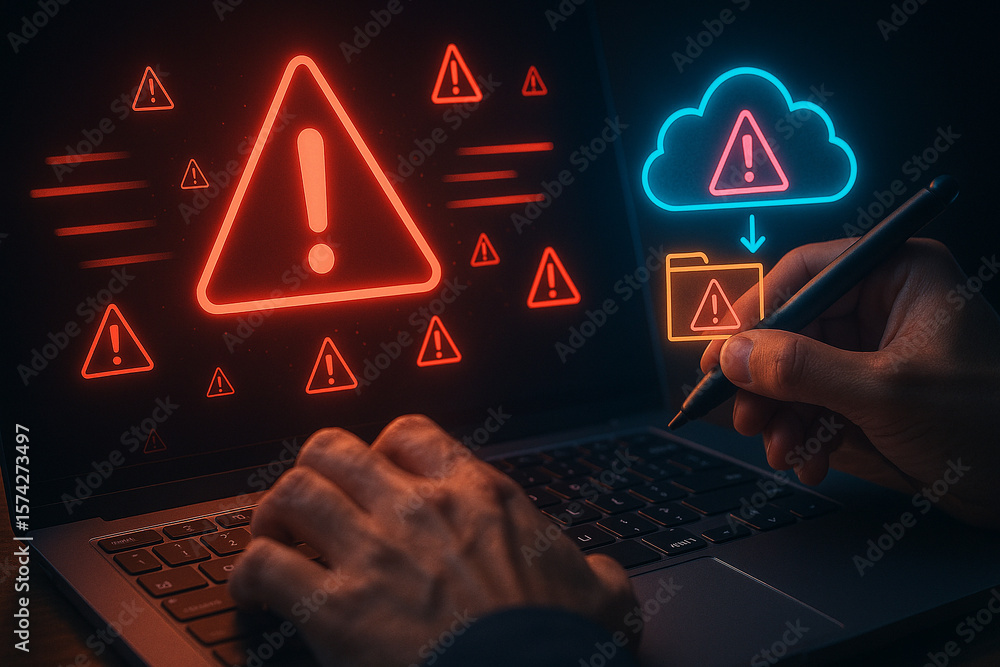 Poster a person typing on a laptop with warning signs and cloud storage error displayed on the screen alert