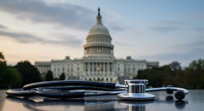 Medical stethoscope before blurred Capitol Building, representing government and health.
