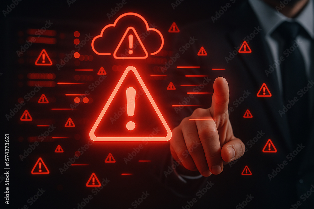 Poster man pointing at red warning signs and cloud icon indicating cybersecurity threat on a dark backgroun