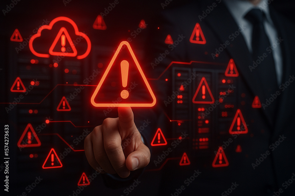 Poster a man in a suit pointing at a red warning sign with a cloud and multiple warning signs in the backgr