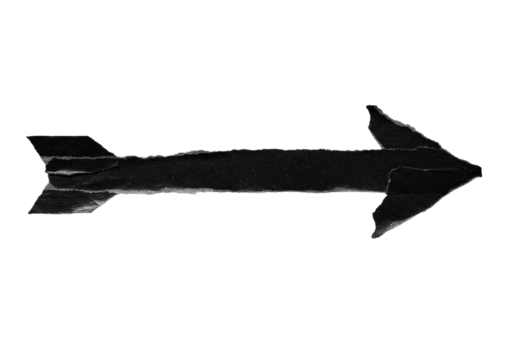 Single black arrow made from torn textured material with raw frayed edges, pointing right, isolated on a plain transparent background with shadowless top-down lighting, concept of clear direction