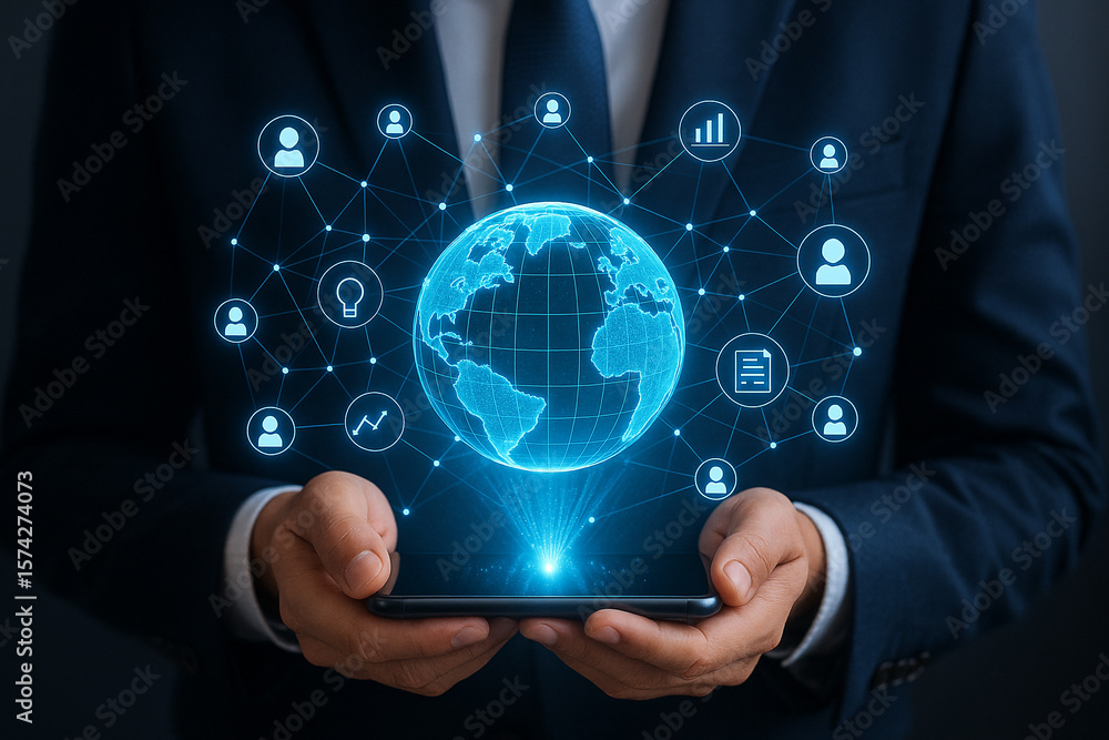 Poster man holding phone with digital globe and network icons hovering above the device in a dark suit