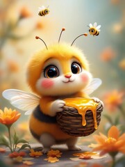 A cute bee character holding a basket of honey with two bees flying above in a floral setting