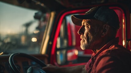 Close-up of red truck cabin with focused man in casual shirt and cap driving confidently.